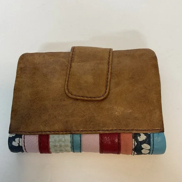 Vintage Fossil Mini Card Holder Coin Wallet Patchwork Brown Leather - Picture 6 of 13